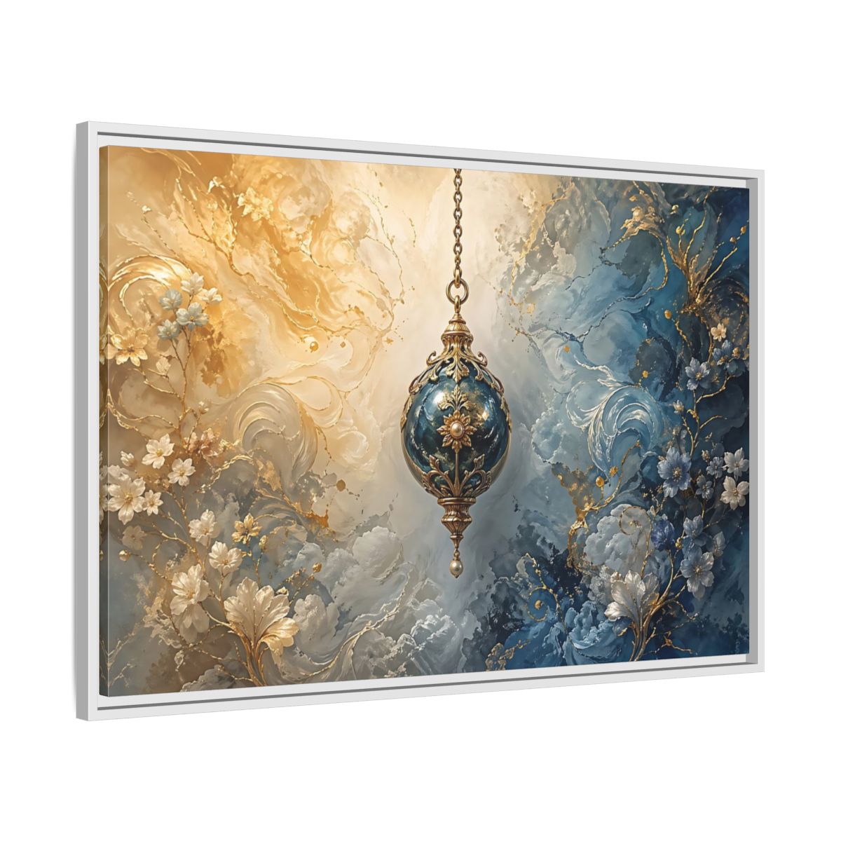 Side Mockup 9. Floral Ornate Lantern Blue And Gold Ornament shown as stretched canvas wall art