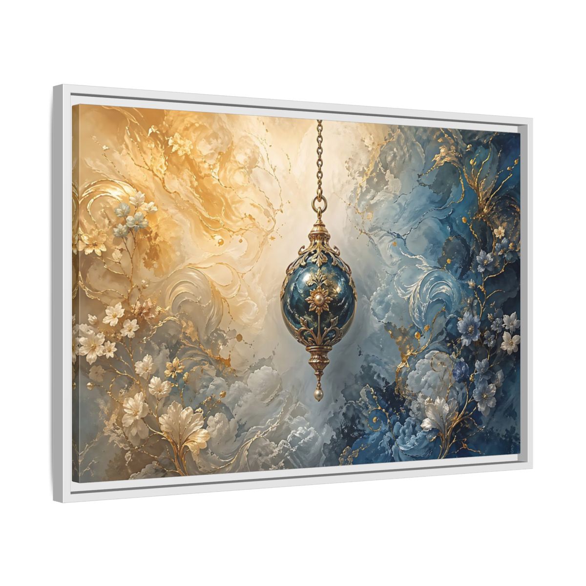 Side Mockup 10. Floral Ornate Lantern Blue And Gold Ornament shown as stretched canvas wall art