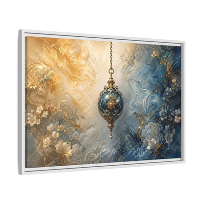 Side Mockup 10. Floral Ornate Lantern Blue And Gold Ornament shown as stretched canvas wall art