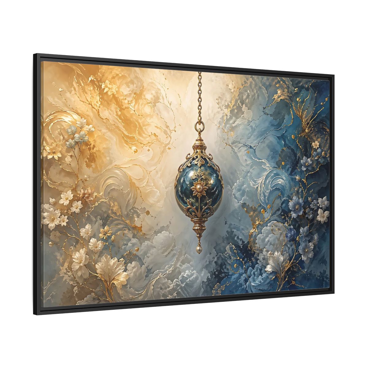 Side Mockup 12. Floral Ornate Lantern Blue And Gold Ornament shown as stretched canvas wall art