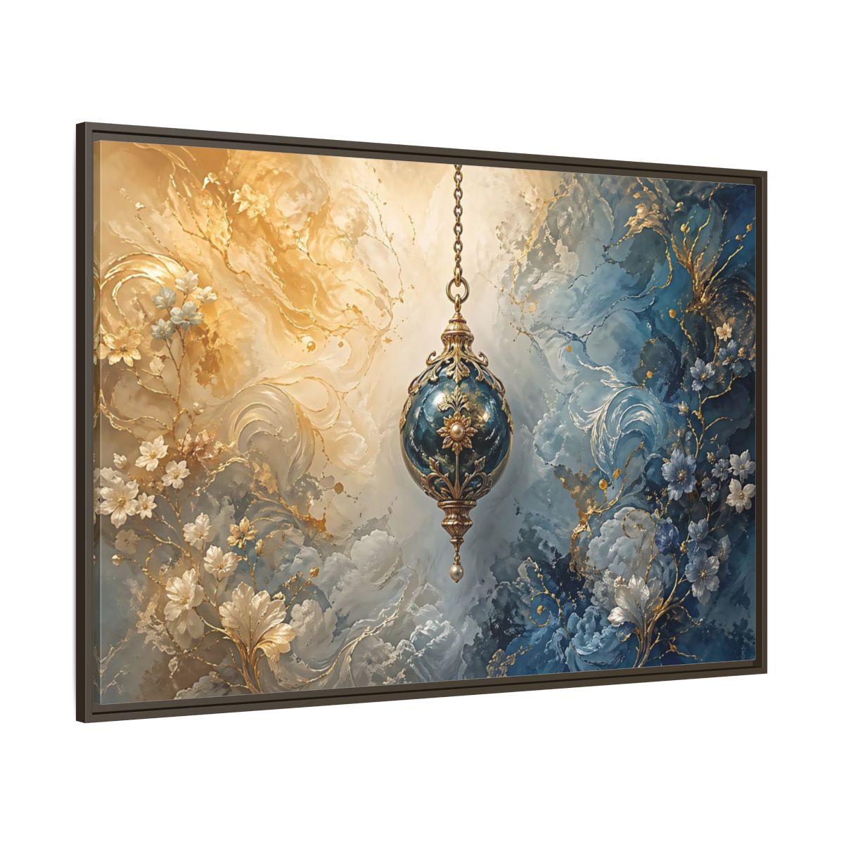 Side Mockup 8. Floral Ornate Lantern Blue And Gold Ornament shown as stretched canvas wall art
