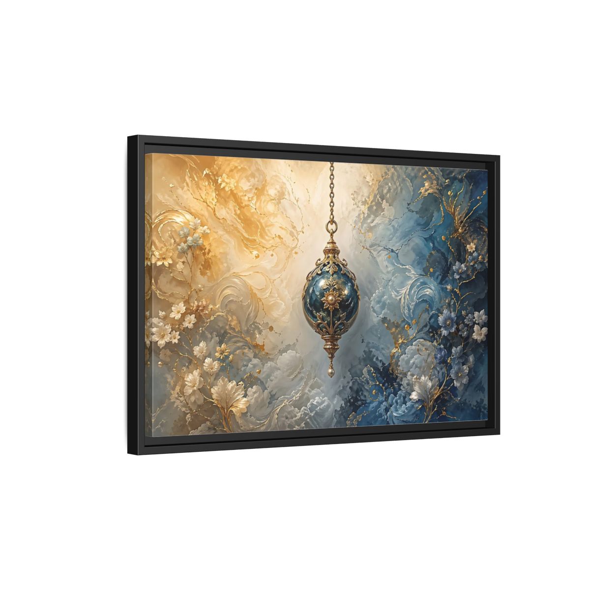 Side Mockup 3. Floral Ornate Lantern Blue And Gold Ornament shown as stretched canvas wall art