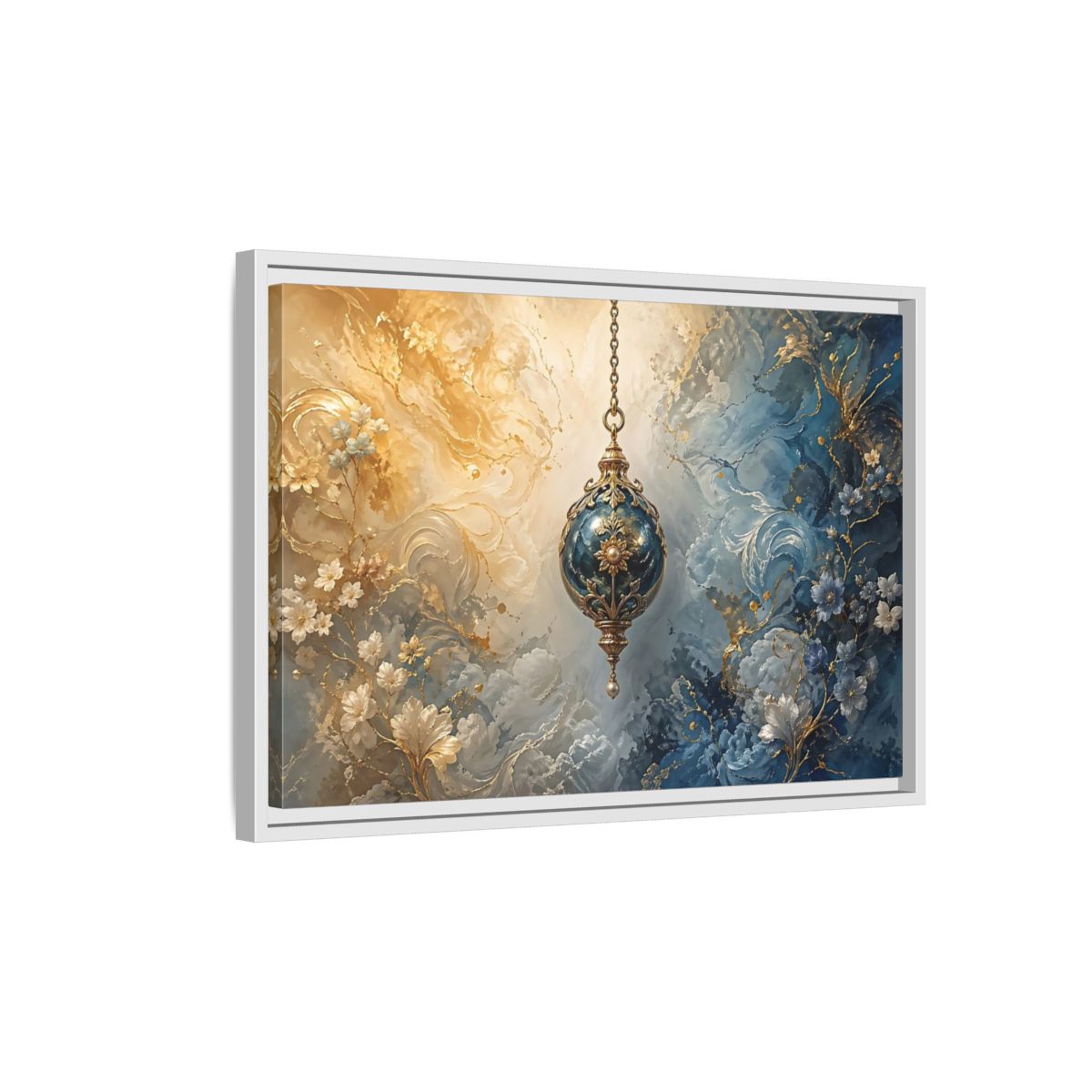 Side Mockup 1. Floral Ornate Lantern Blue And Gold Ornament shown as stretched canvas wall art