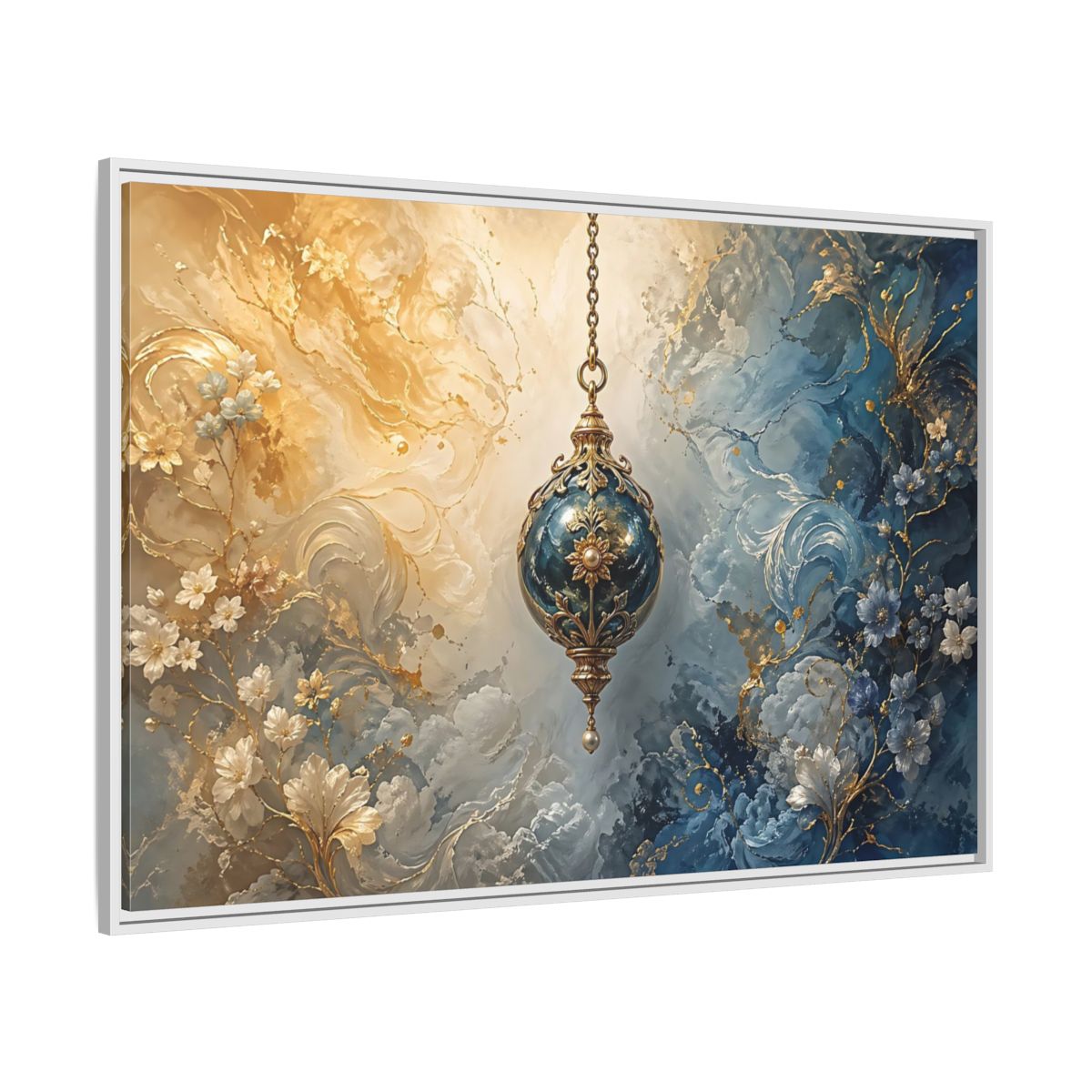 Side Mockup 7. Floral Ornate Lantern Blue And Gold Ornament shown as stretched canvas wall art