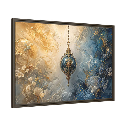 Main Mockup. Floral Ornate Lantern Blue And Gold Ornament shown as stretched canvas wall art