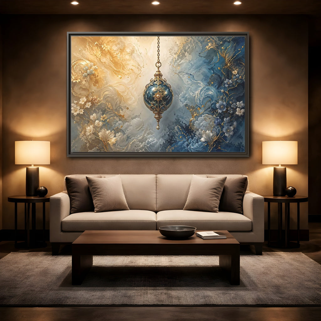 Mockup 2. Floral Ornate Lantern Blue And Gold Ornament shown as stretched canvas wall art