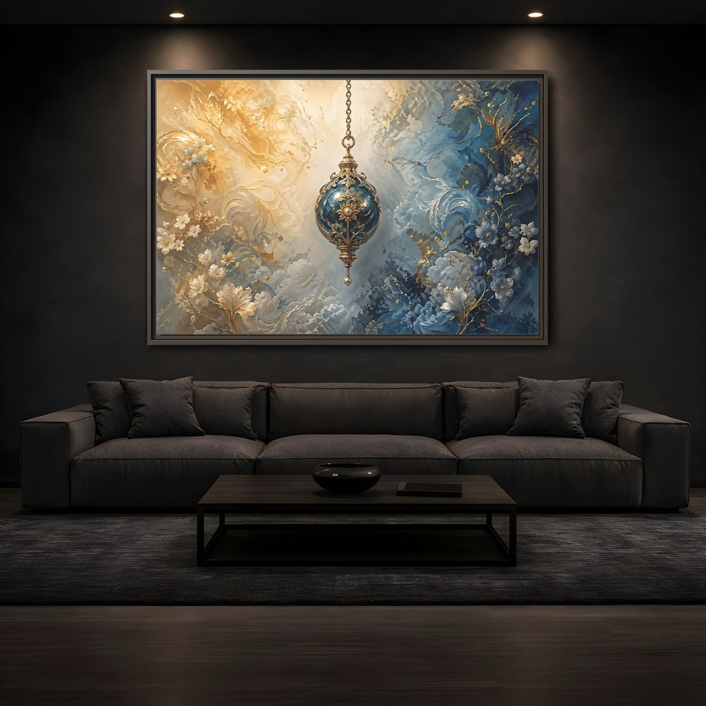 Mockup 3. Floral Ornate Lantern Blue And Gold Ornament shown as stretched canvas wall art