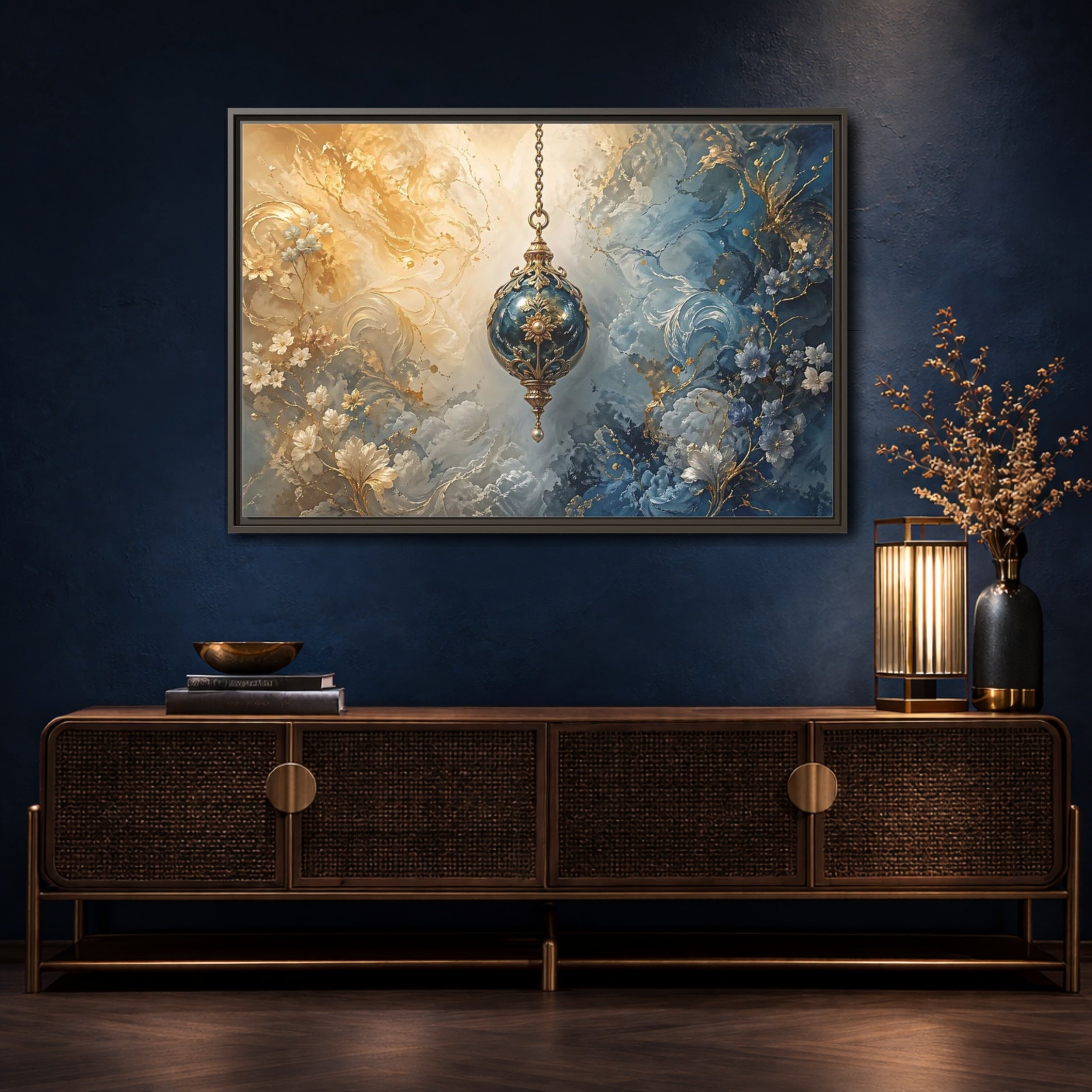 Mockup 4. Floral Ornate Lantern Blue And Gold Ornament shown as stretched canvas wall art