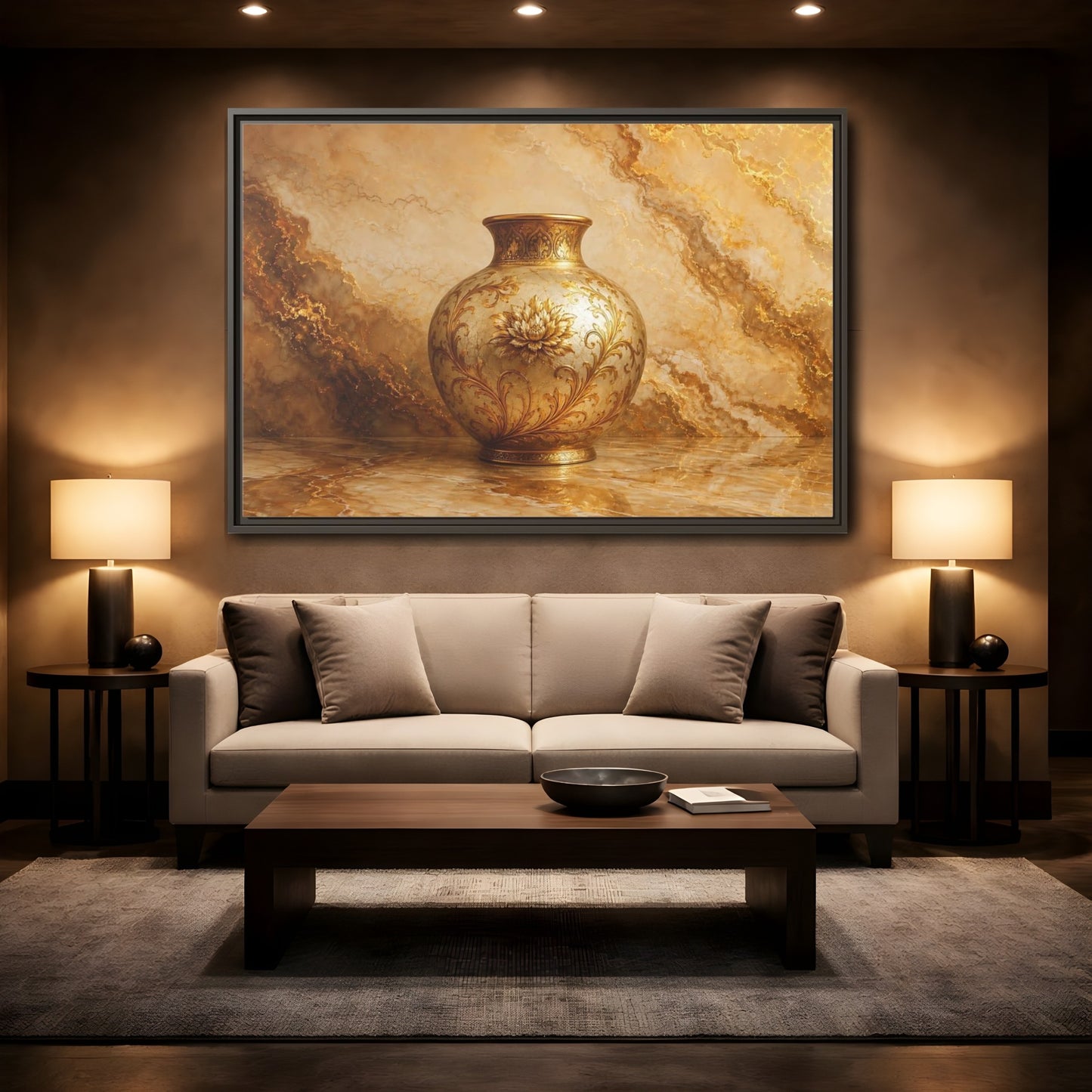 Mockup 2. Floral Ornate Vase Gold Ornate Vase shown as stretched canvas wall art