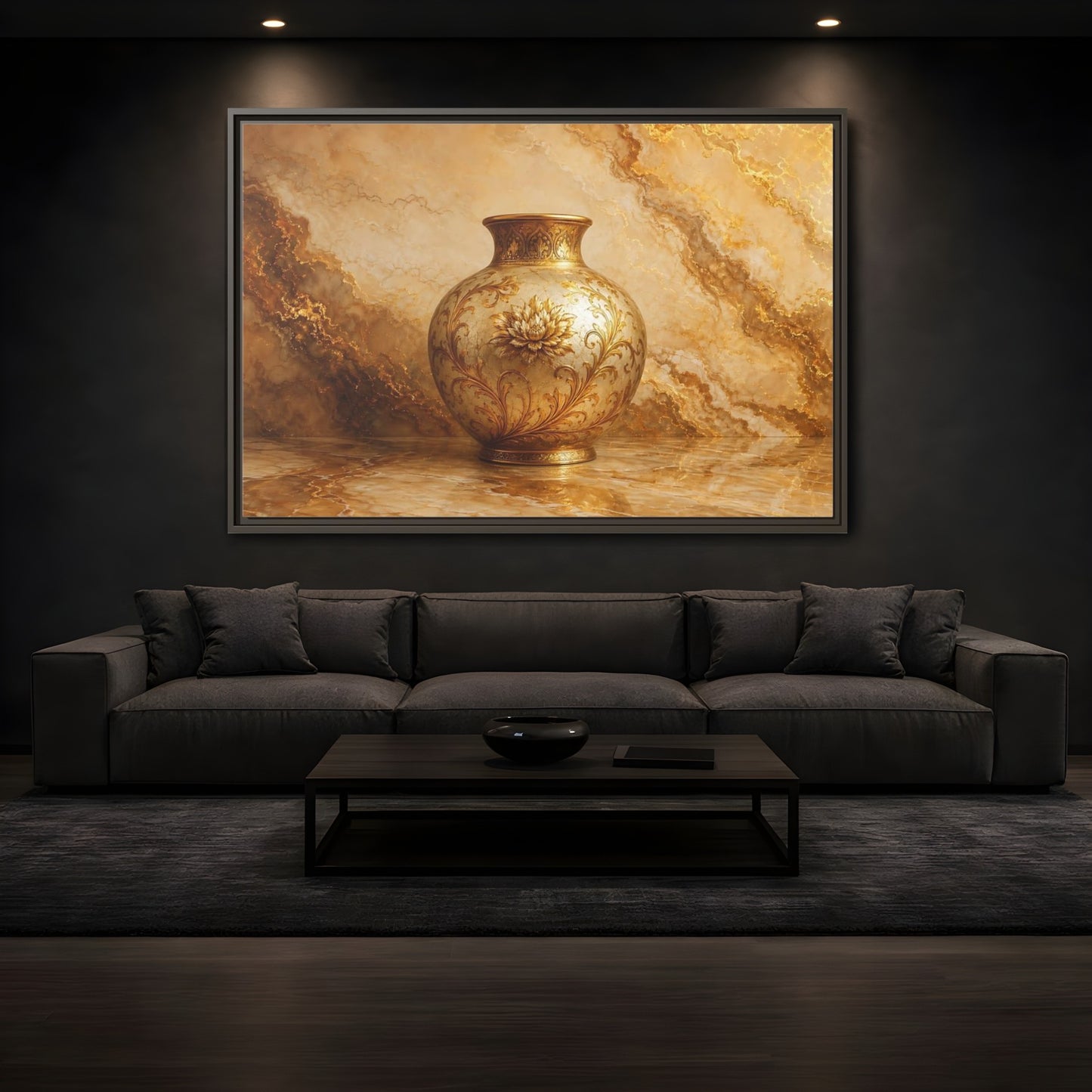 Mockup 3. Floral Ornate Vase Gold Ornate Vase shown as stretched canvas wall art