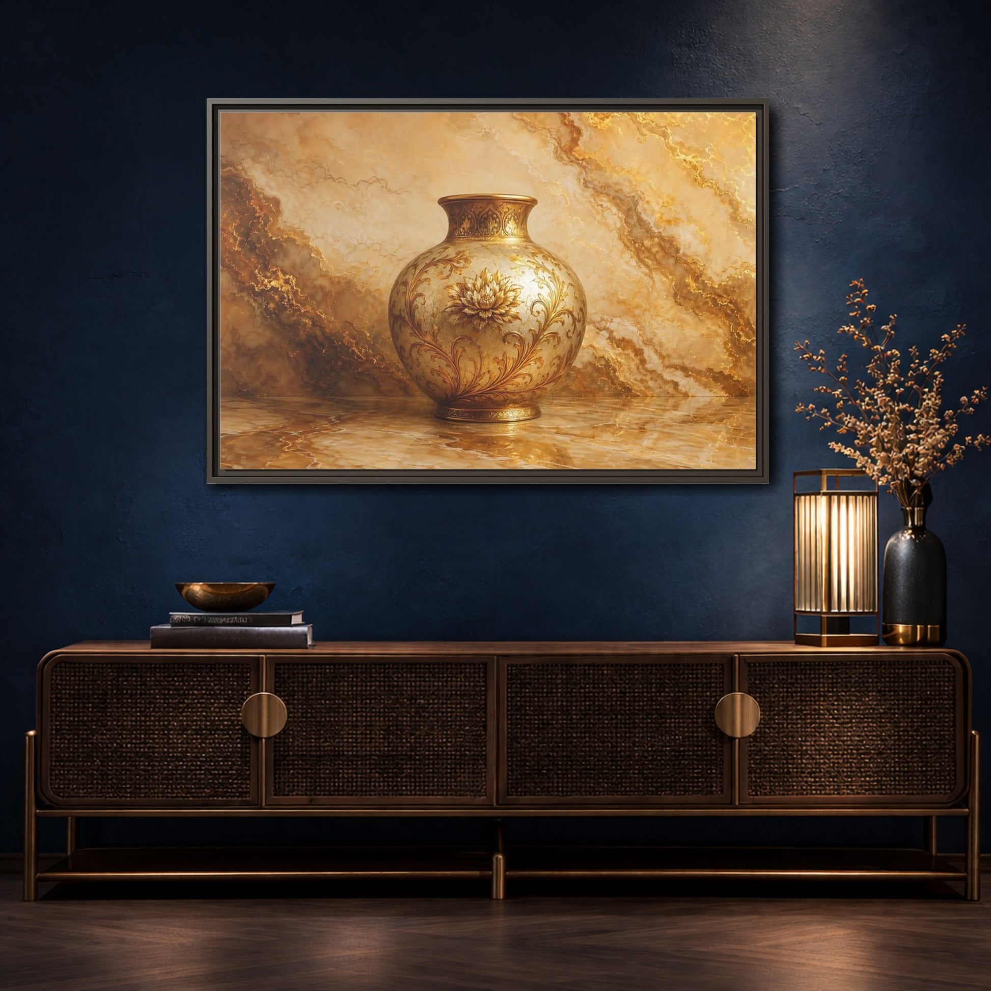 Mockup 4. Floral Ornate Vase Gold Ornate Vase shown as stretched canvas wall art