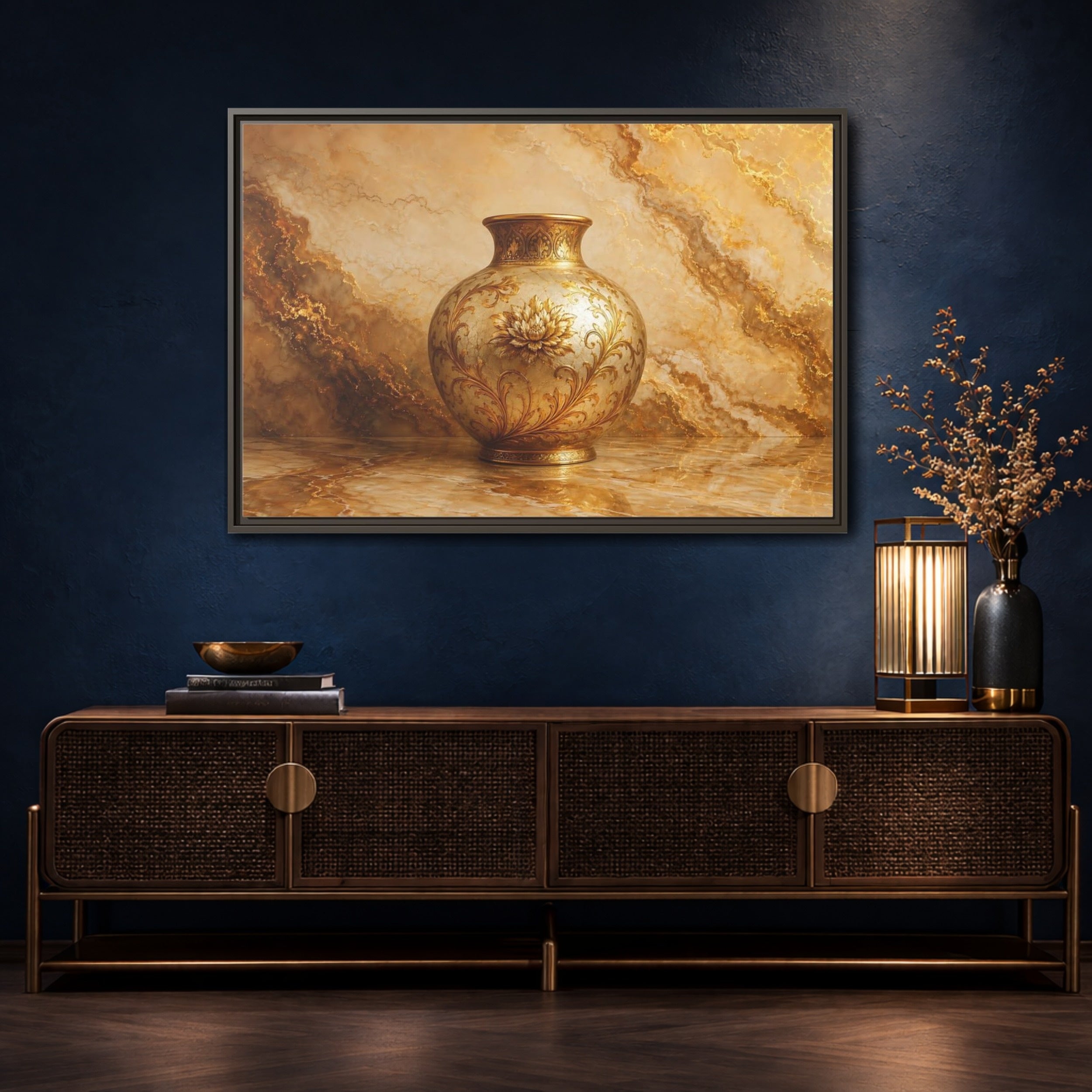 Mockup 4. Floral Ornate Vase Gold Ornate Vase shown as stretched canvas wall art