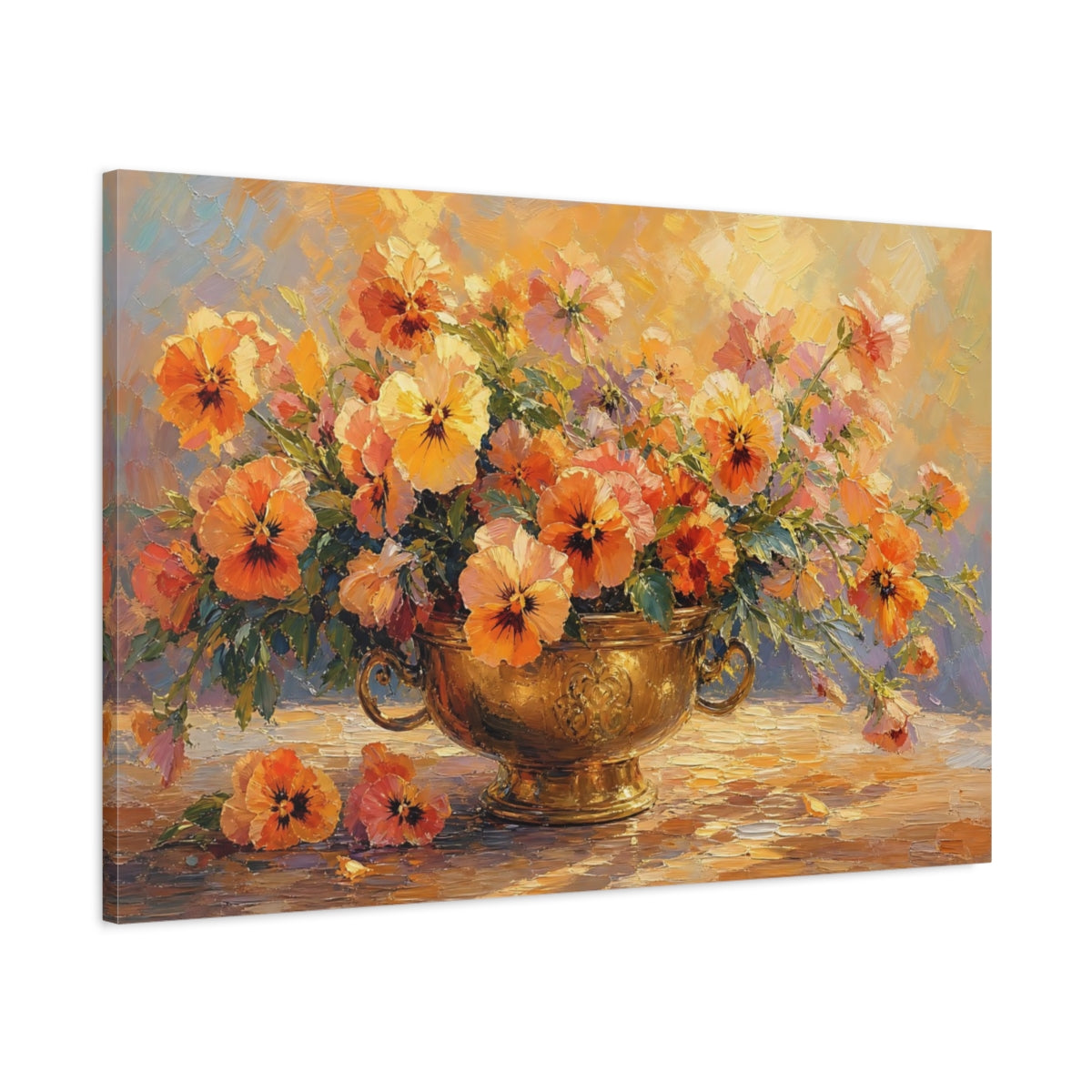 Main Mockup. Floral Pansies Orange And Gold shown as stretched canvas wall art