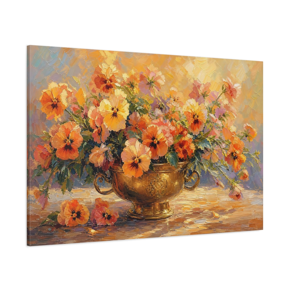 Side Mockup 1. Floral Pansies Orange And Gold shown as stretched canvas wall art