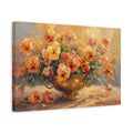 Side Mockup 4. Floral Pansies Orange And Gold shown as stretched canvas wall art