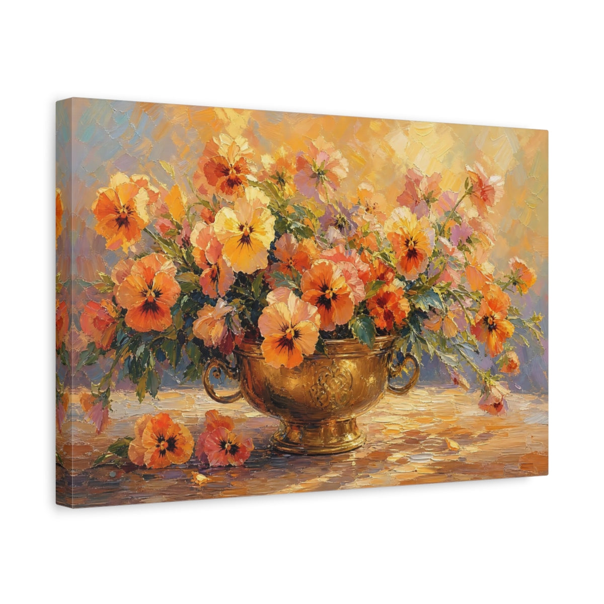 Side Mockup 4. Floral Pansies Orange And Gold shown as stretched canvas wall art