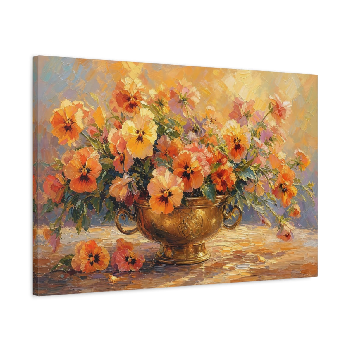 Side Mockup 2. Floral Pansies Orange And Gold shown as stretched canvas wall art