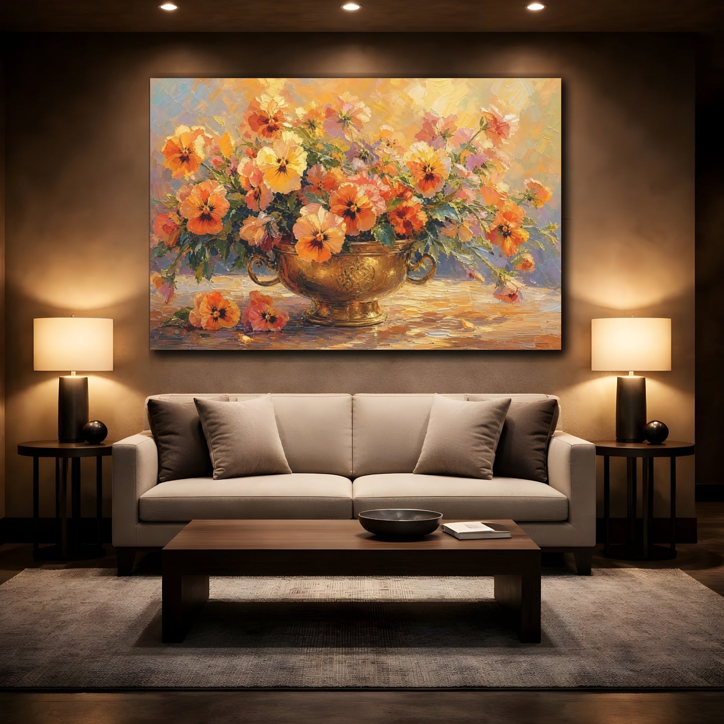 Mockup 2. Floral Pansies Orange And Gold shown as stretched canvas wall art