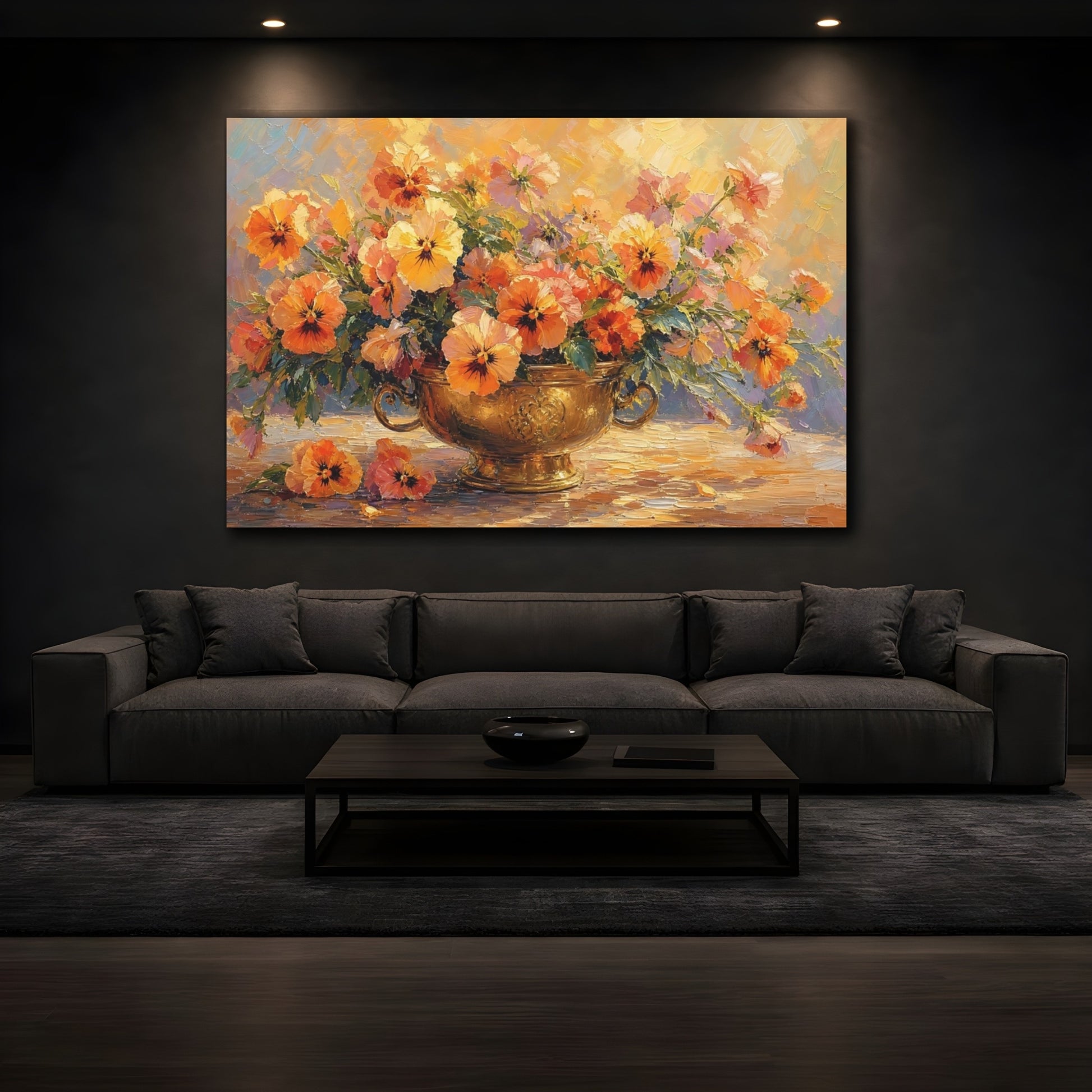 Mockup 3. Floral Pansies Orange And Gold shown as stretched canvas wall art