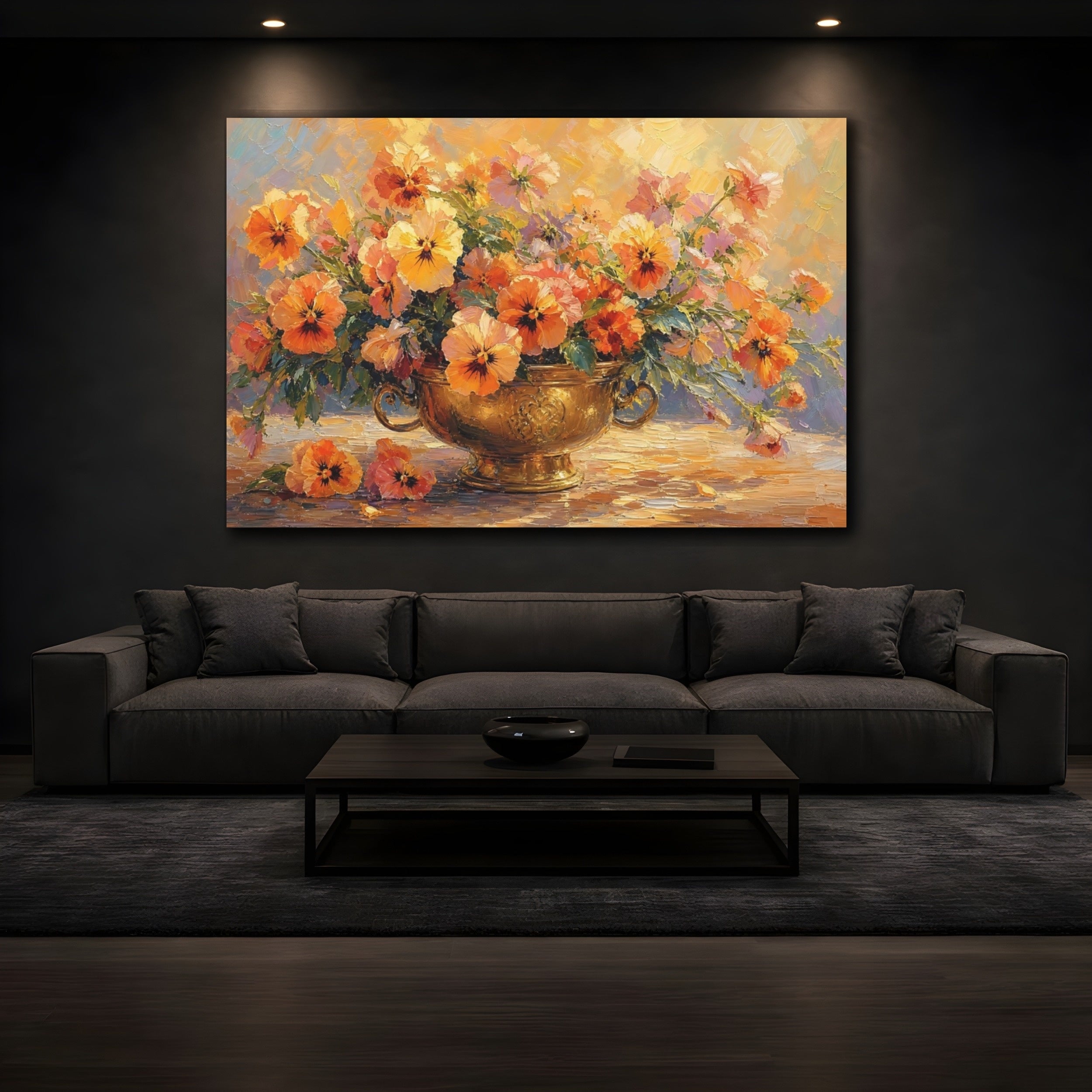 Mockup 3. Floral Pansies Orange And Gold shown as stretched canvas wall art