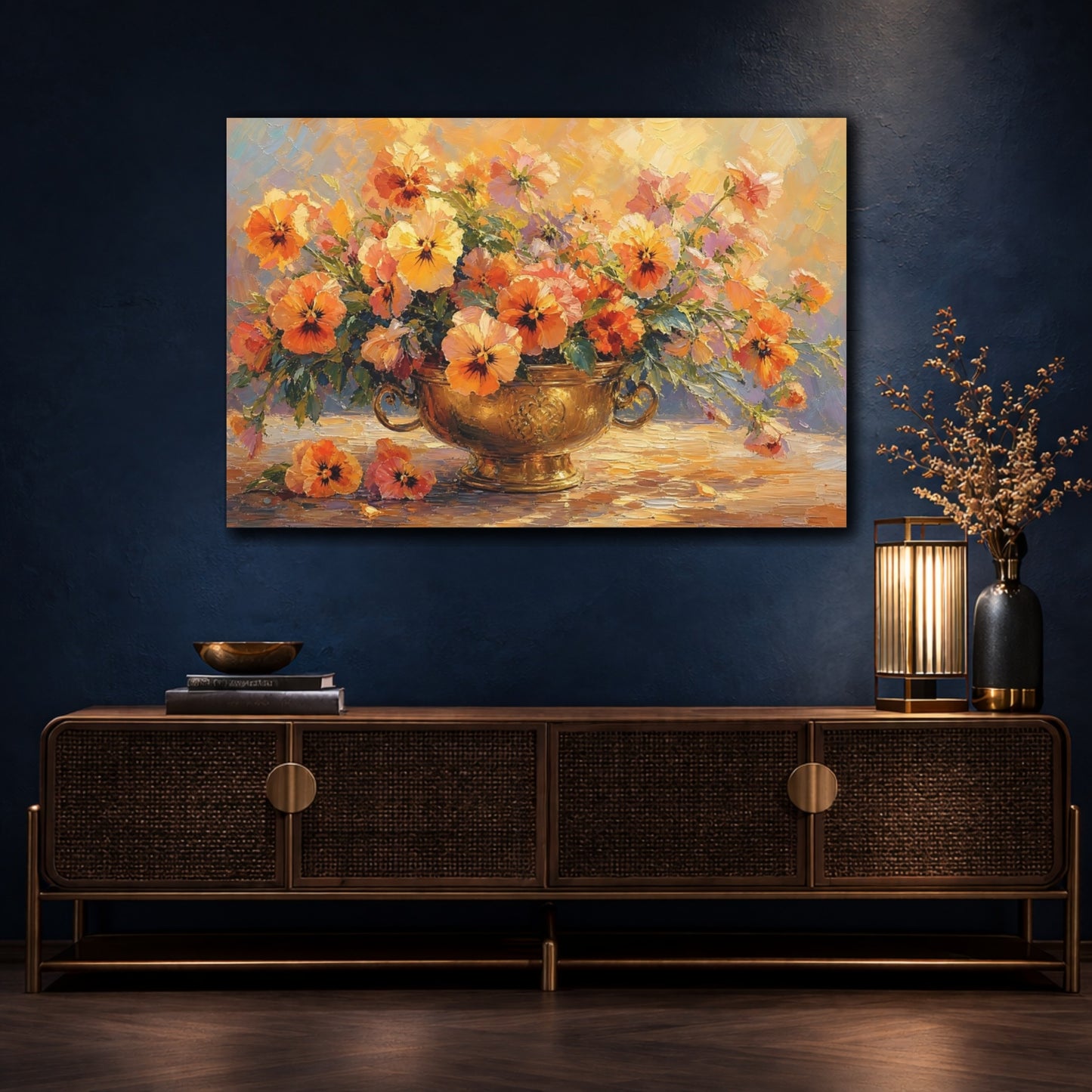 Mockup 4. Floral Pansies Orange And Gold shown as stretched canvas wall art