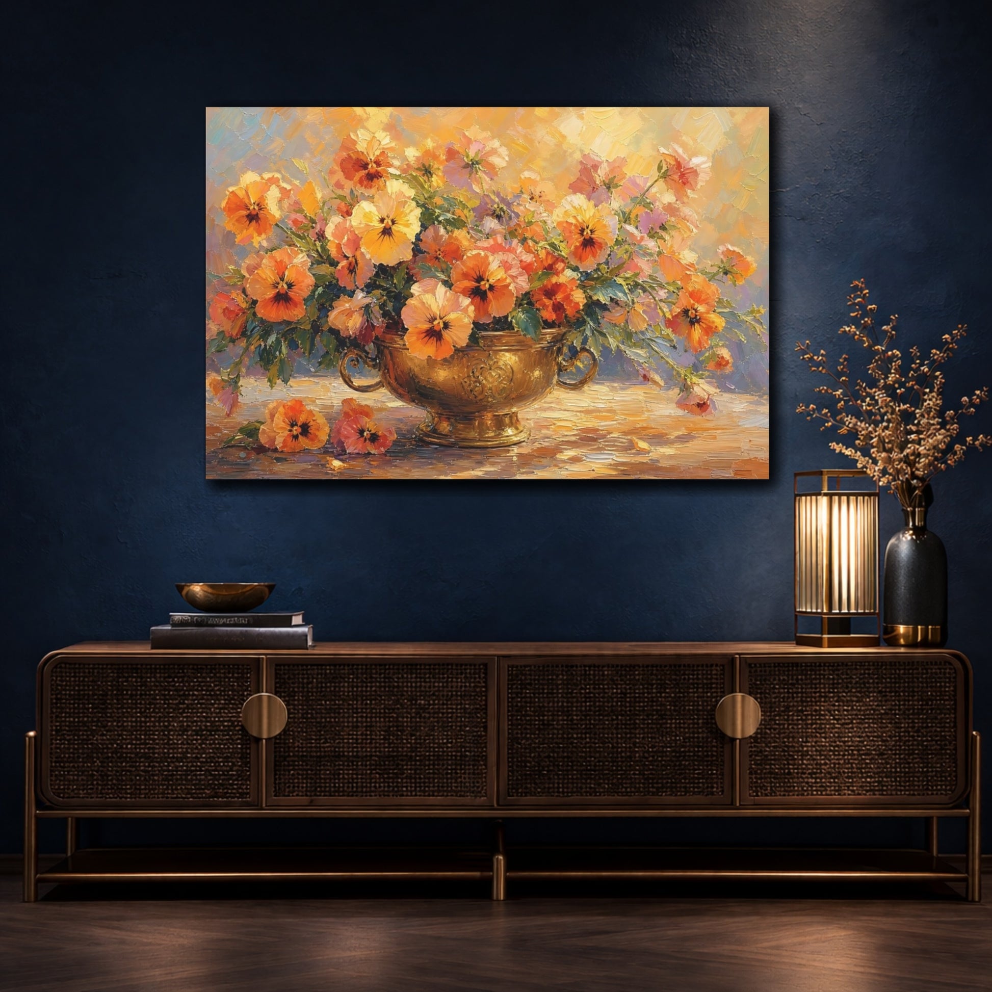 Mockup 4. Floral Pansies Orange And Gold shown as stretched canvas wall art