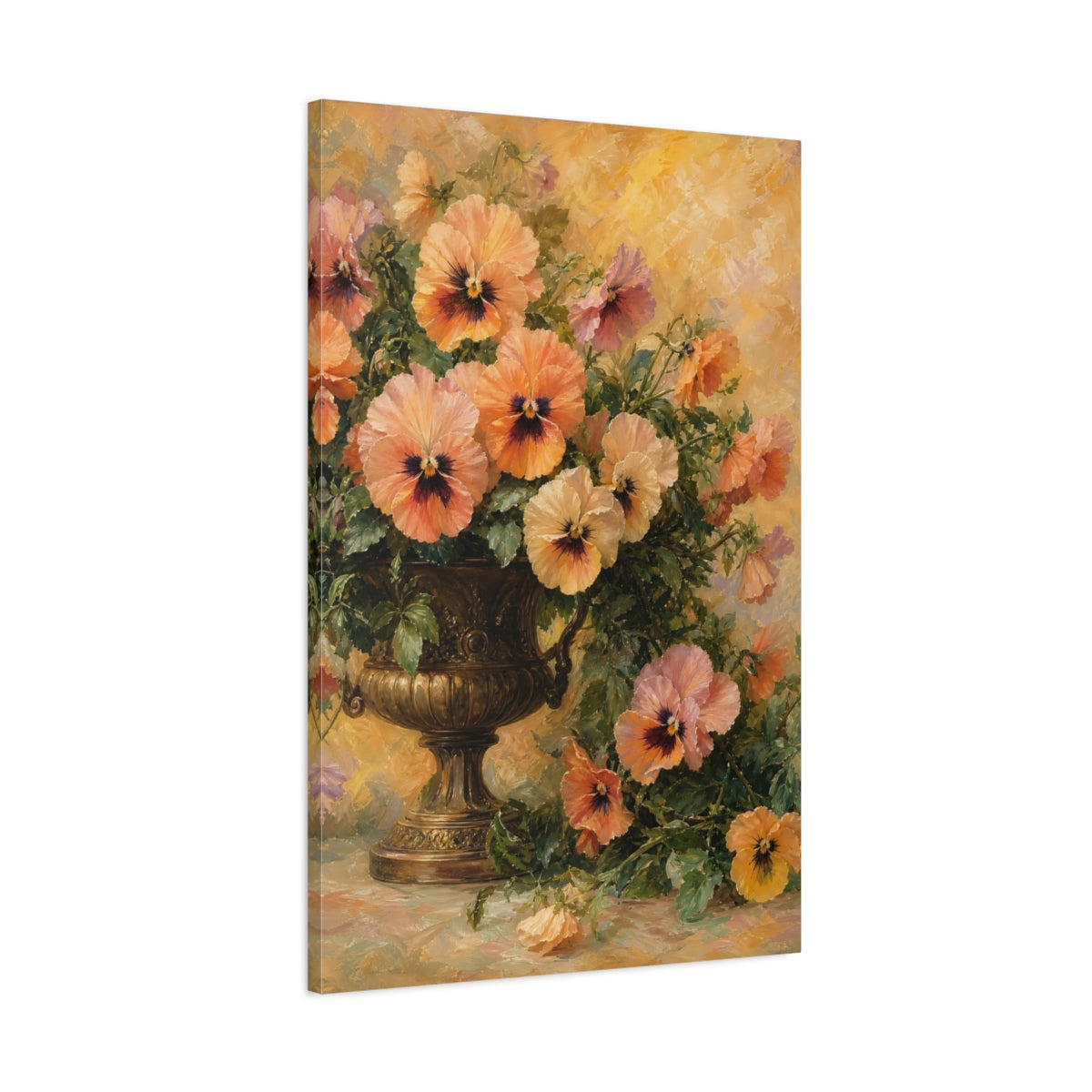 Main Mockup. Floral Pansies Orange And Yellow shown as stretched canvas wall art