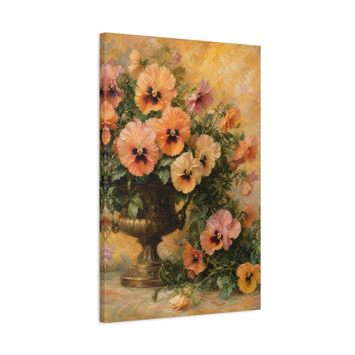 Side Mockup 2. Floral Pansies Orange And Yellow shown as stretched canvas wall art