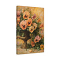 Side Mockup 4. Floral Pansies Orange And Yellow shown as stretched canvas wall art