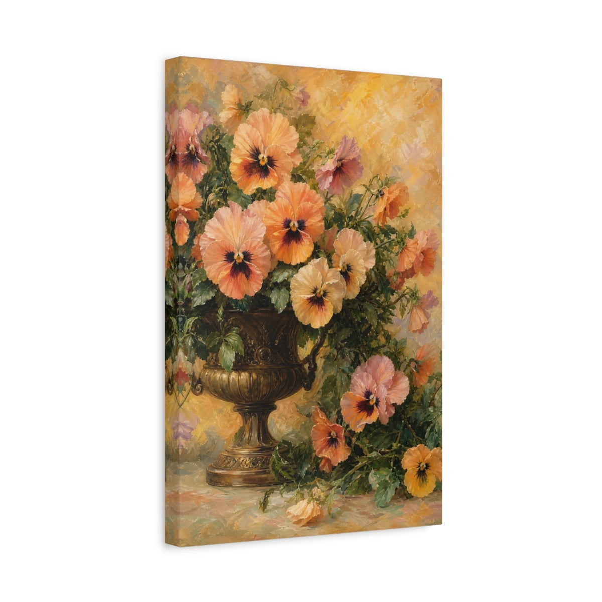 Side Mockup 4. Floral Pansies Orange And Yellow shown as stretched canvas wall art