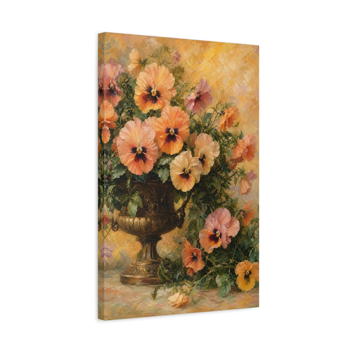 Side Mockup 3. Floral Pansies Orange And Yellow shown as stretched canvas wall art