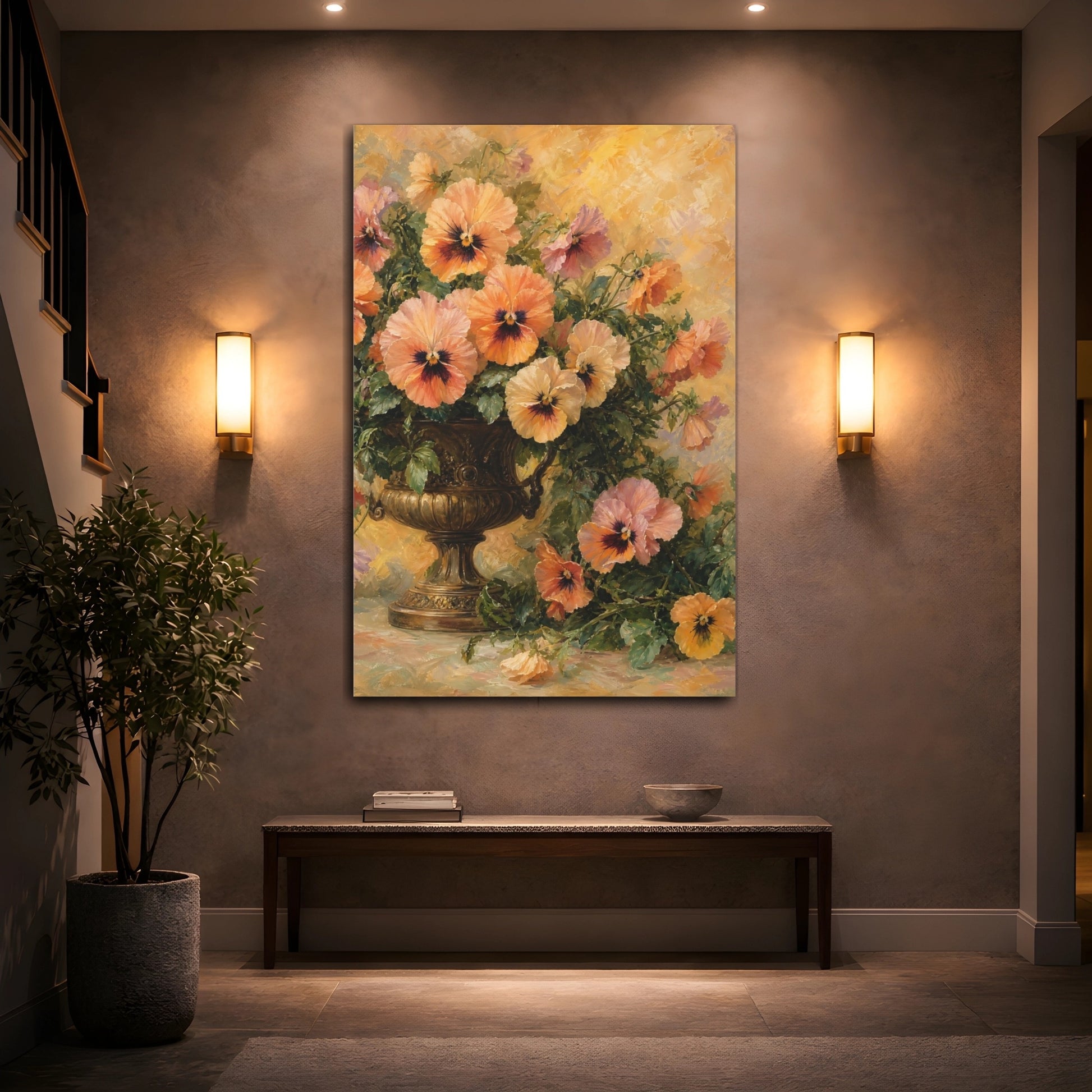 Mockup 2. Floral Pansies Orange And Yellow shown as stretched canvas wall art