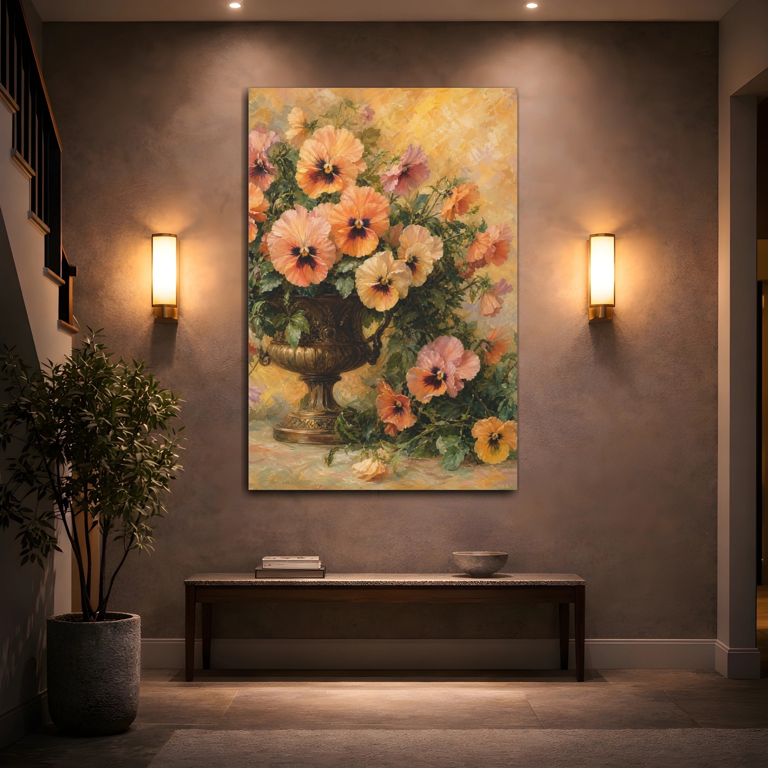 Mockup 2. Floral Pansies Orange And Yellow shown as stretched canvas wall art