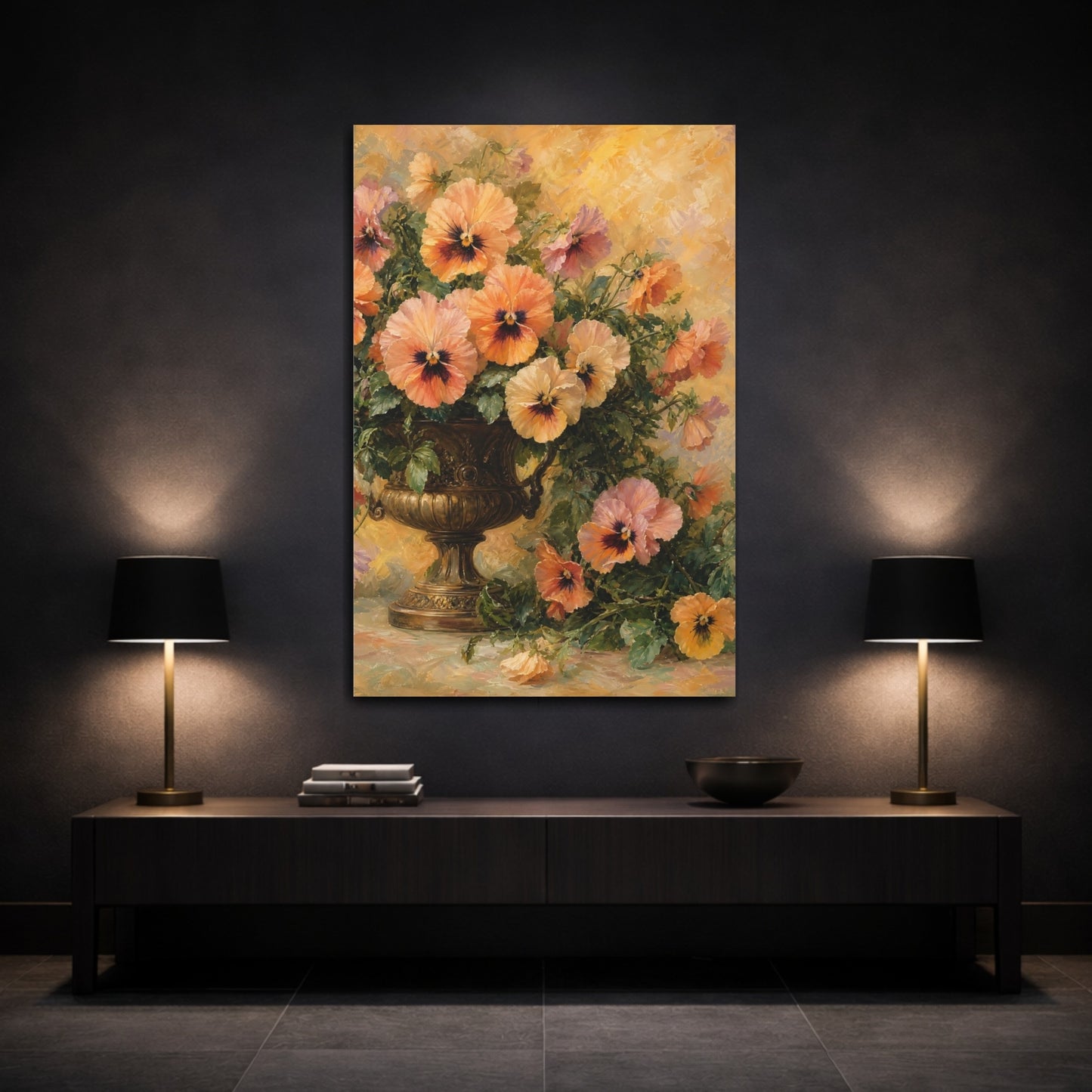 Mockup 3. Floral Pansies Orange And Yellow shown as stretched canvas wall art