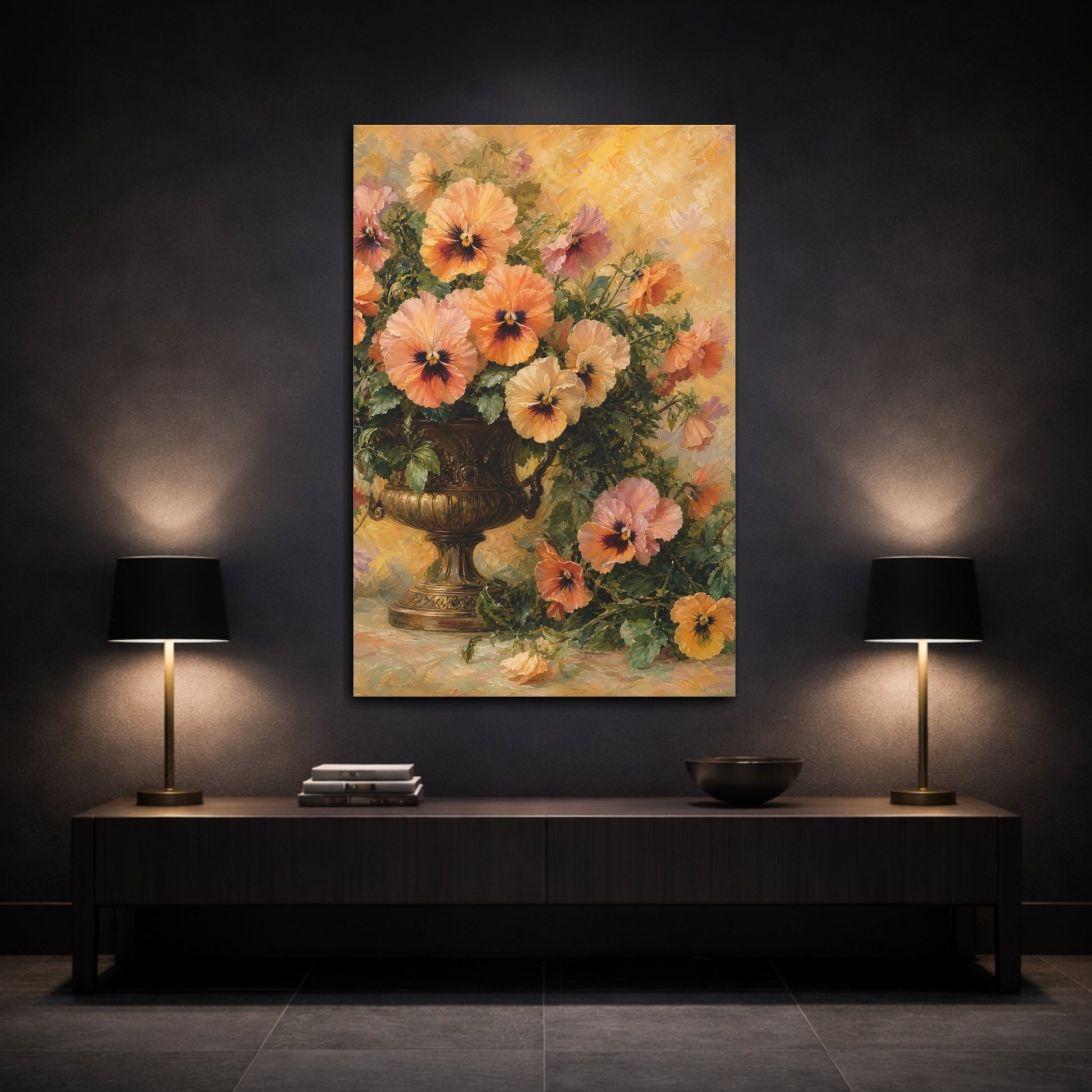 Mockup 3. Floral Pansies Orange And Yellow shown as stretched canvas wall art