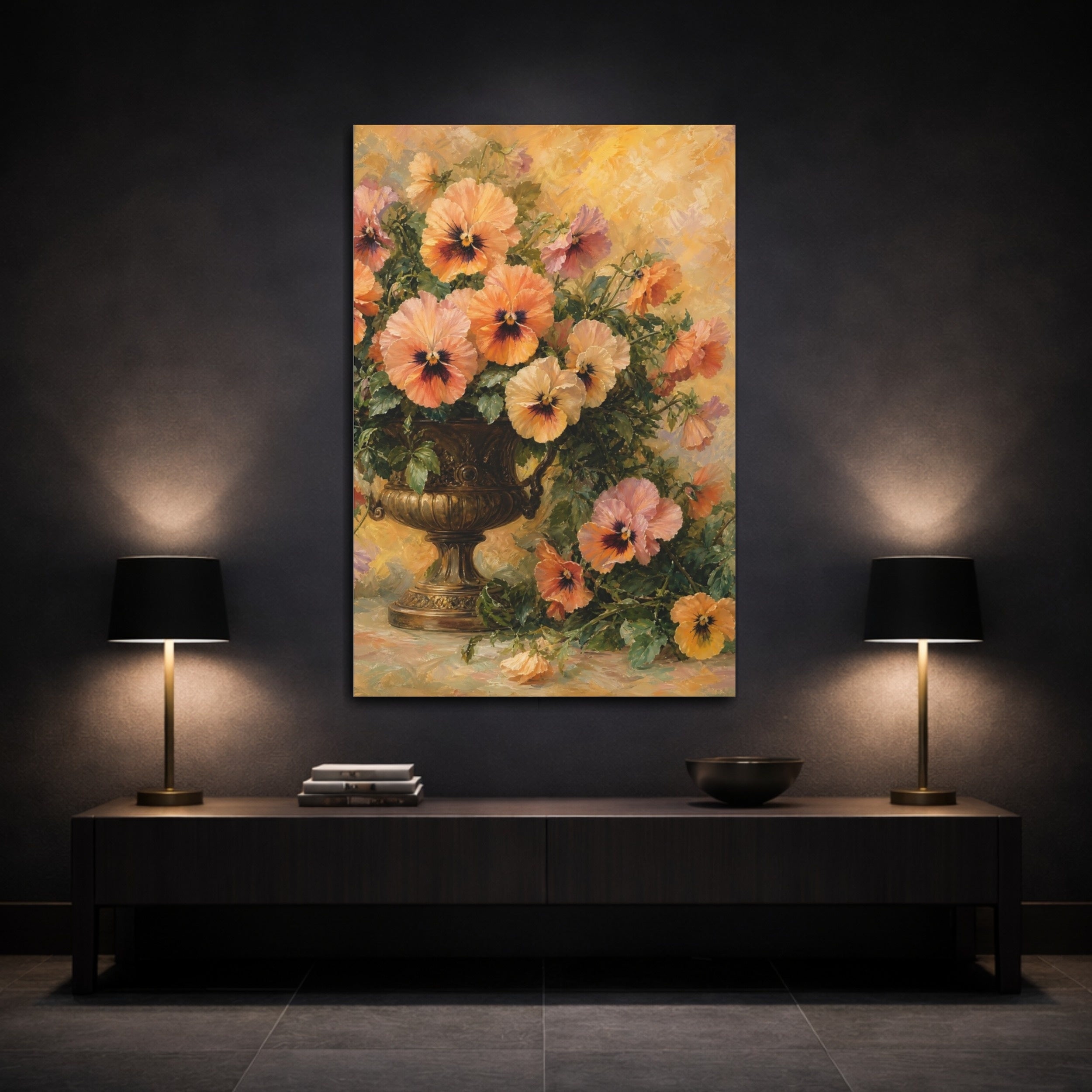 Mockup 3. Floral Pansies Orange And Yellow shown as stretched canvas wall art