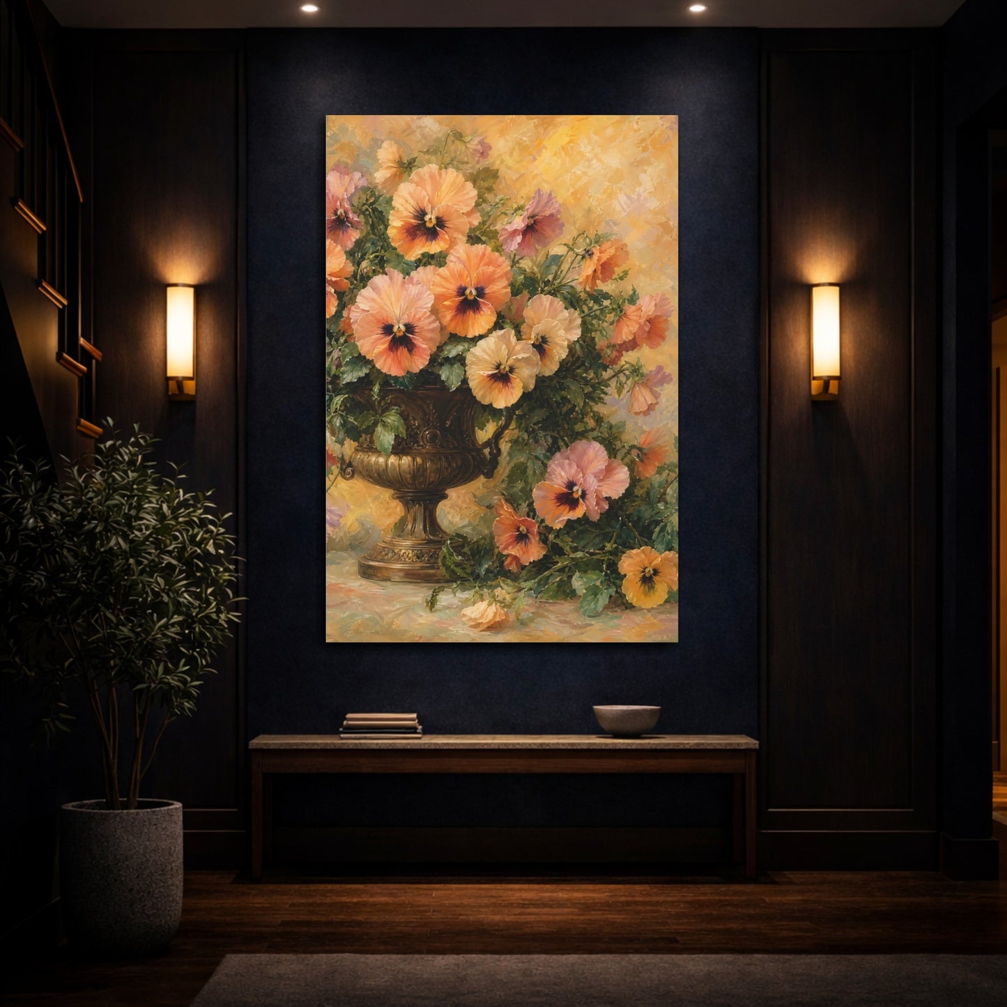 Mockup 4. Floral Pansies Orange And Yellow shown as stretched canvas wall art