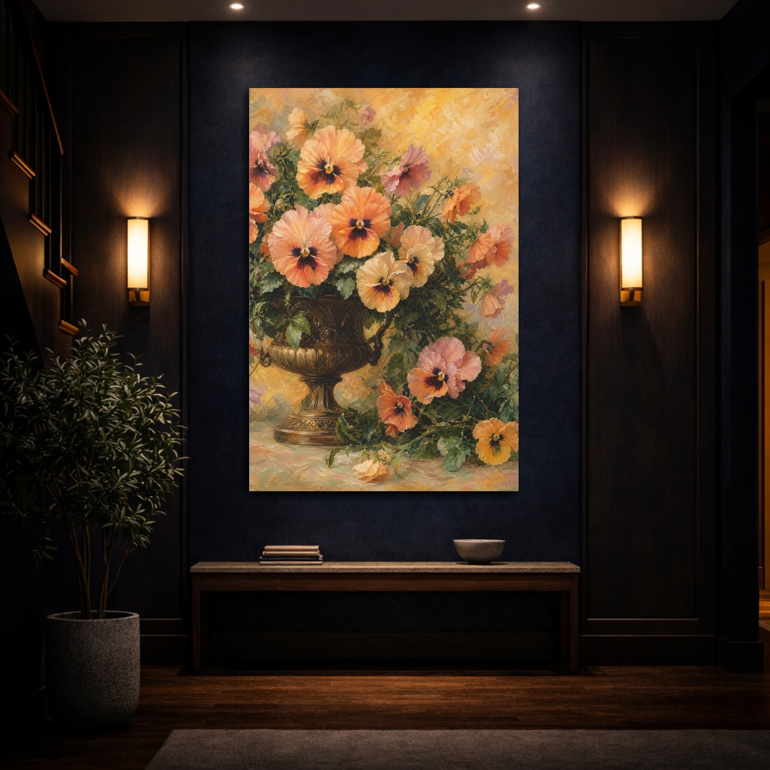 Mockup 4. Floral Pansies Orange And Yellow shown as stretched canvas wall art