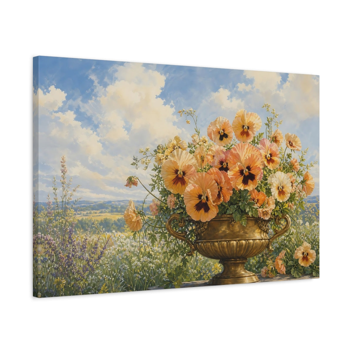 Side Mockup 2. Floral Pansies Peach Gold Pansies shown as stretched canvas wall art