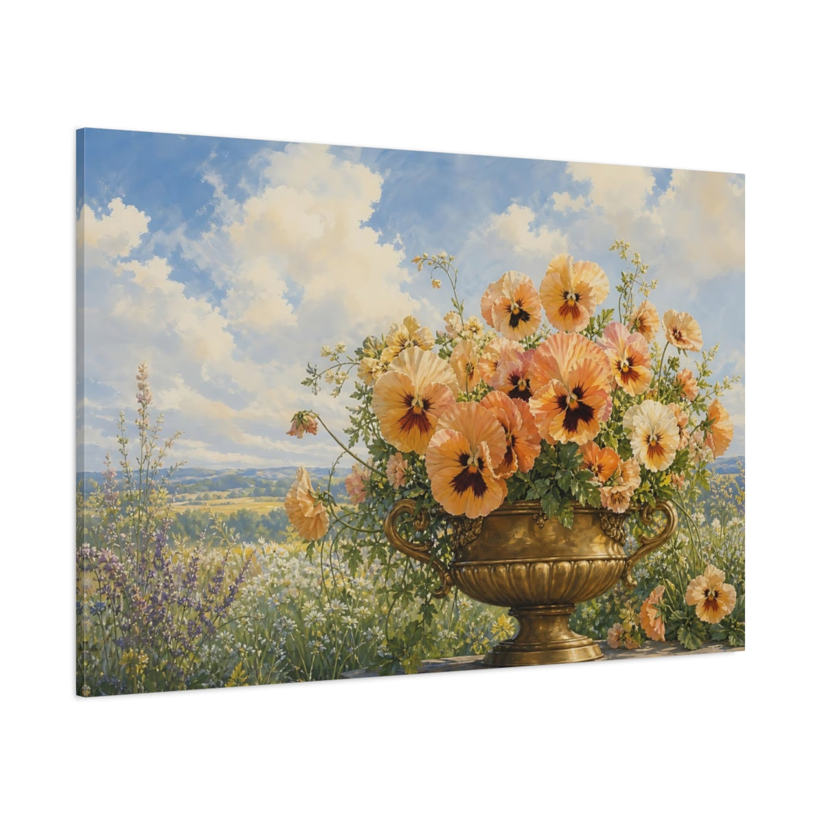 Side Mockup 1. Floral Pansies Peach Gold Pansies shown as stretched canvas wall art