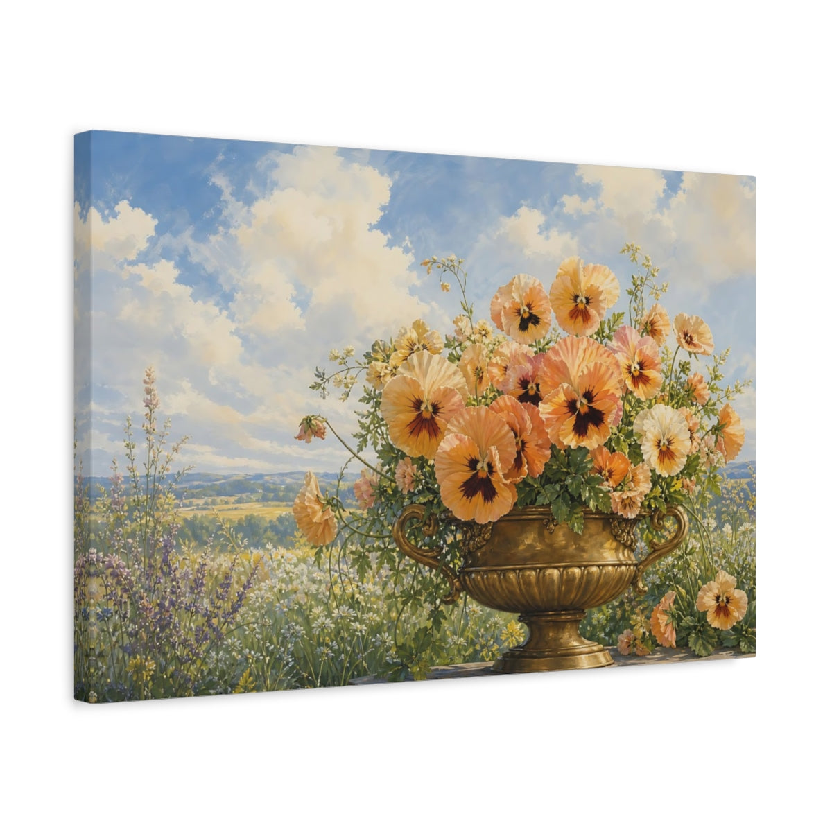 Side Mockup 3. Floral Pansies Peach Gold Pansies shown as stretched canvas wall art