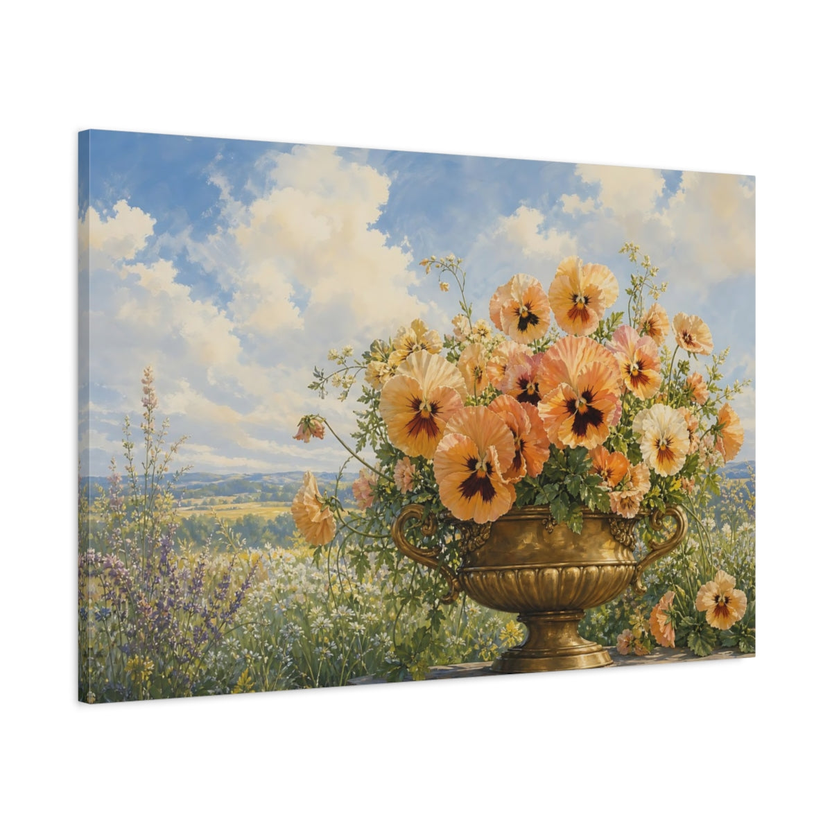 Main Mockup. Floral Pansies Peach Gold Pansies shown as stretched canvas wall art