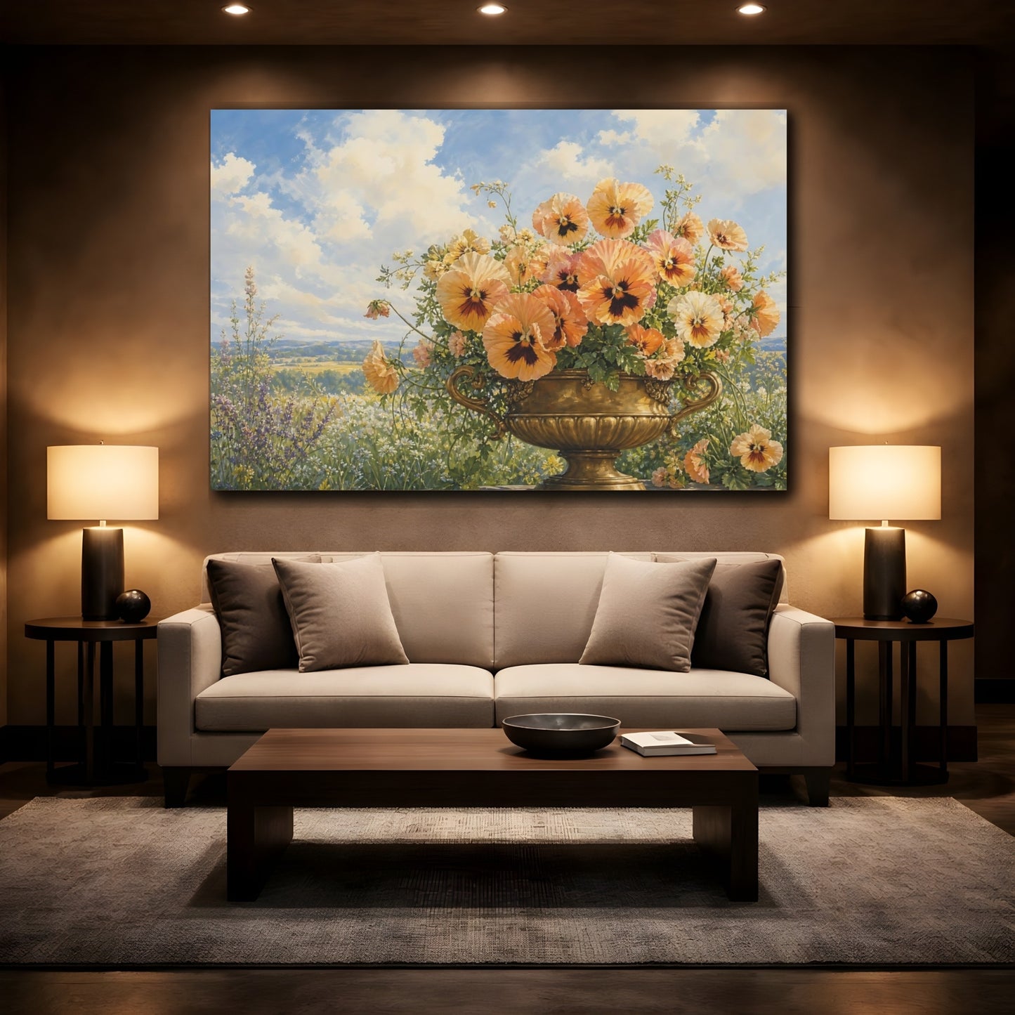Mockup 2. Floral Pansies Peach Gold Pansies shown as stretched canvas wall art