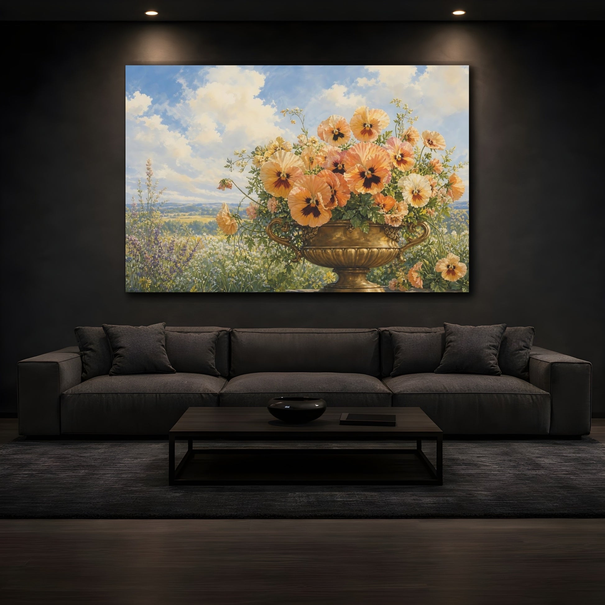Mockup 3. Floral Pansies Peach Gold Pansies shown as stretched canvas wall art