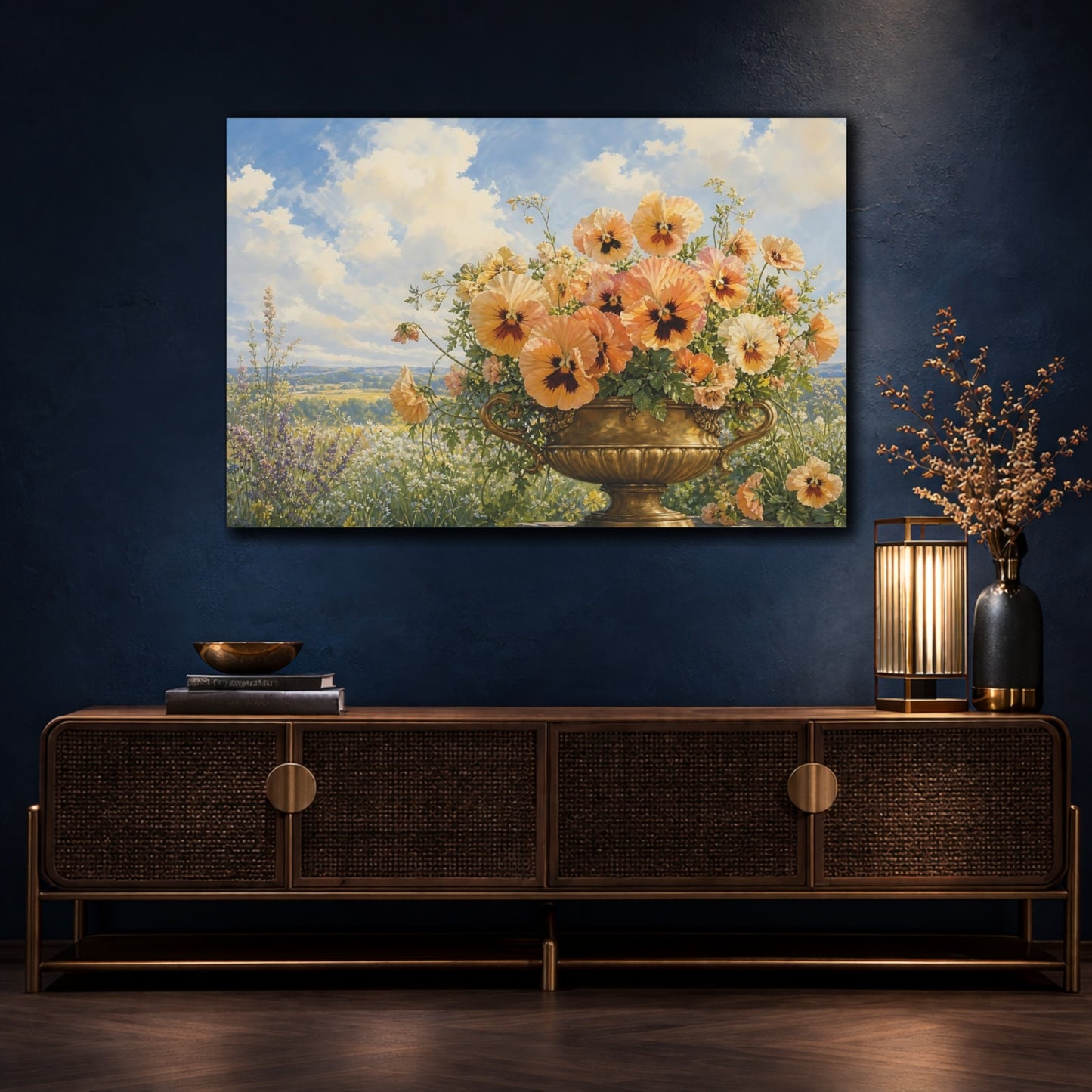 Mockup 4. Floral Pansies Peach Gold Pansies shown as stretched canvas wall art