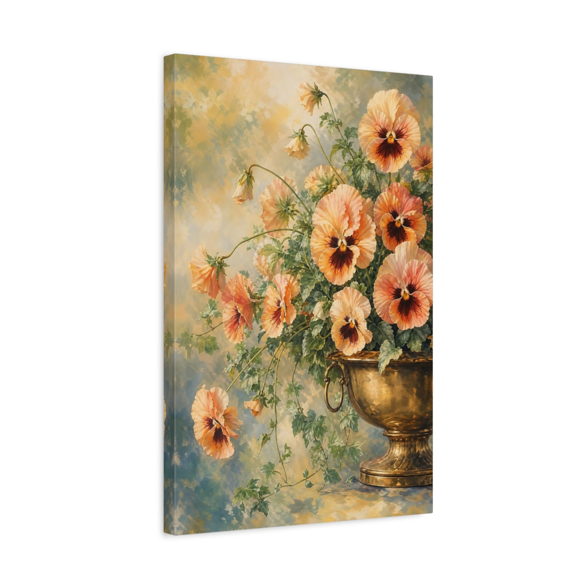 Side Mockup 3. Floral Pansies Peach Orange Pansies shown as stretched canvas wall art