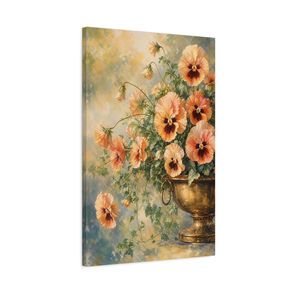 Side Mockup 2. Floral Pansies Peach Orange Pansies shown as stretched canvas wall art