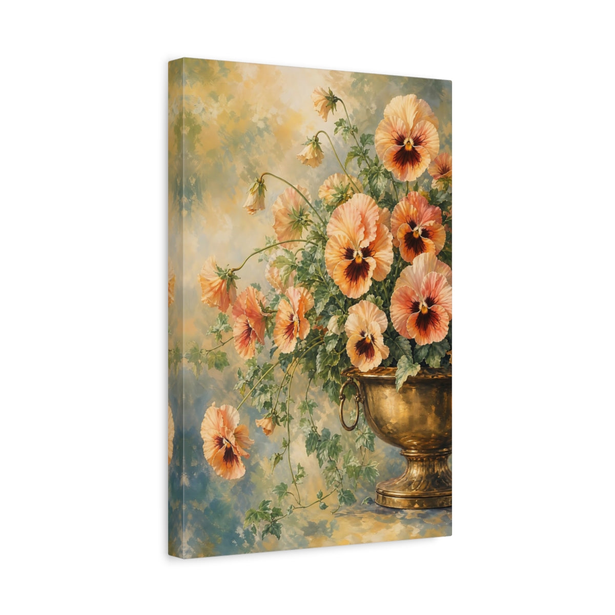 Side Mockup 4. Floral Pansies Peach Orange Pansies shown as stretched canvas wall art