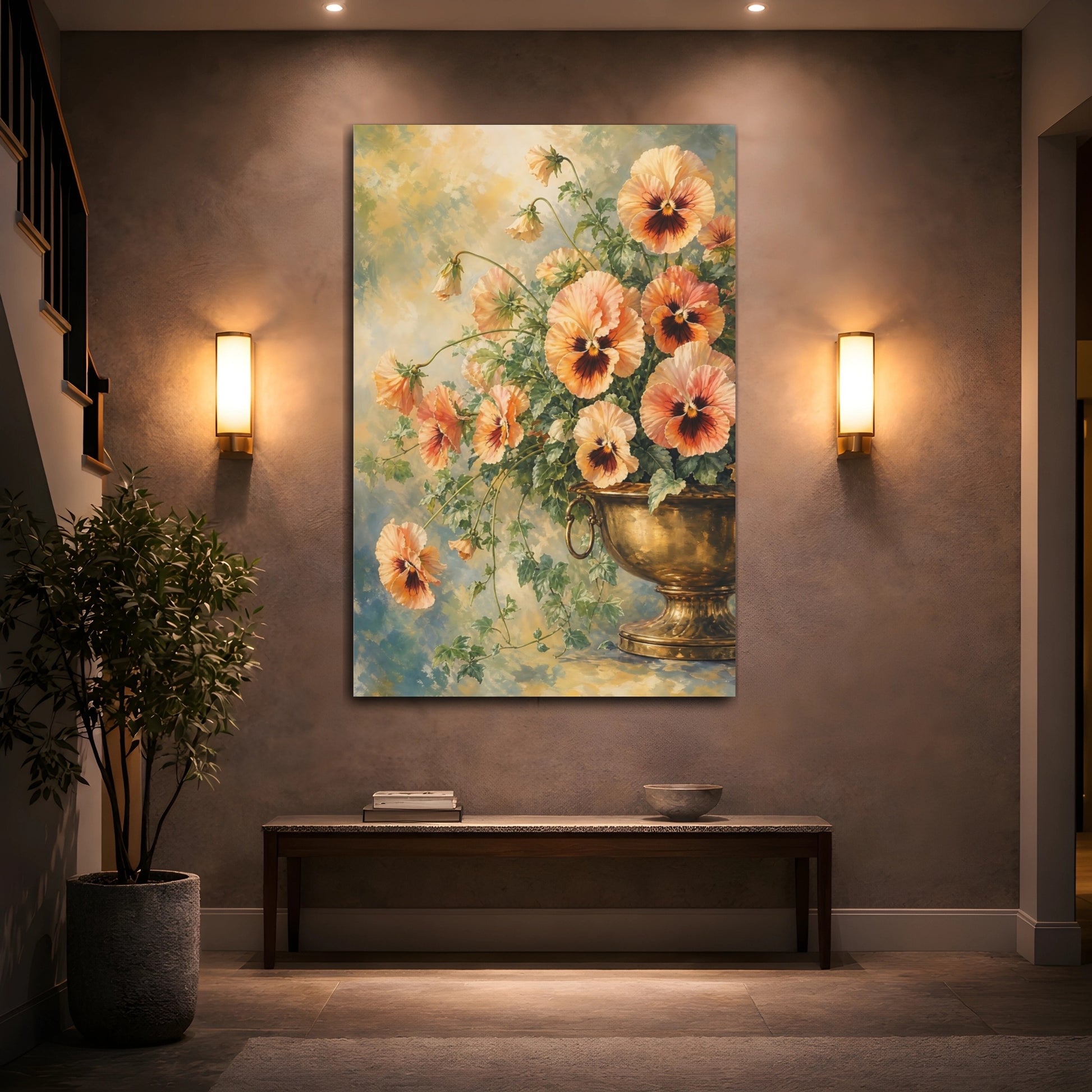 Mockup 2. Floral Pansies Peach Orange Pansies shown as stretched canvas wall art