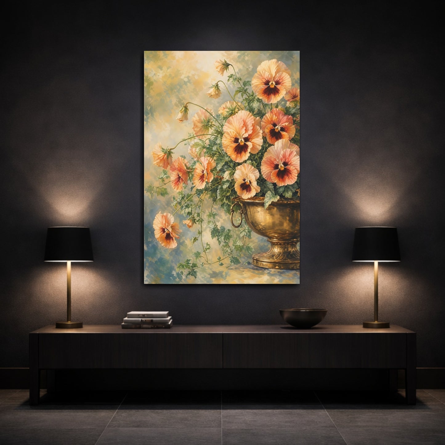 Mockup 3. Floral Pansies Peach Orange Pansies shown as stretched canvas wall art